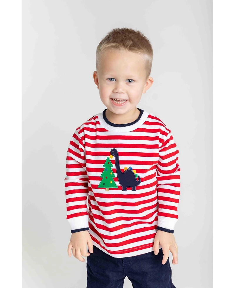 Florence Eiseman Toddler Boys Stripe Knit Shirt With Dino And Christmas Tree