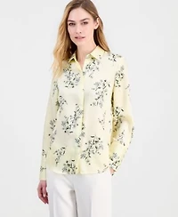 Anne Klein Womens Floral Printed Button Front Top