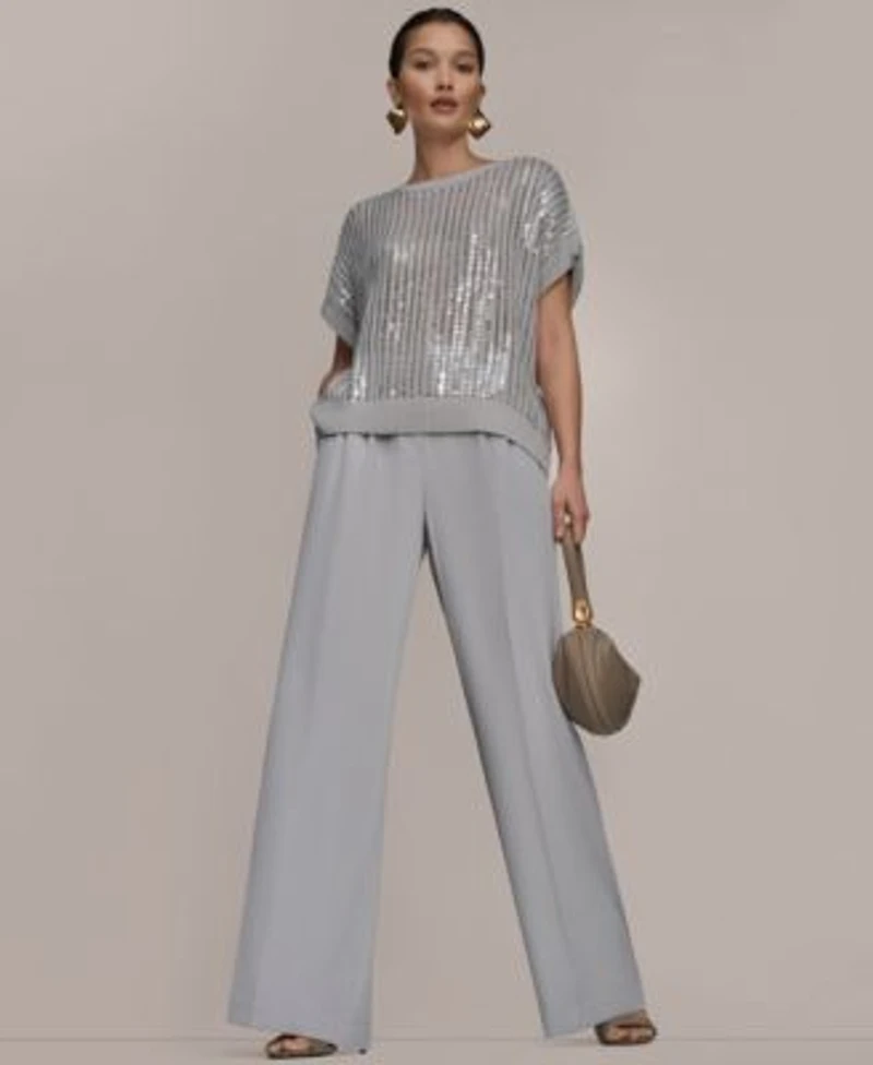 Donna Karan New York Womens Short Sleeve Crewneck Sweater Wide Leg Pants