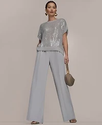 Donna Karan New York Womens Short Sleeve Crewneck Sweater Wide Leg Pants