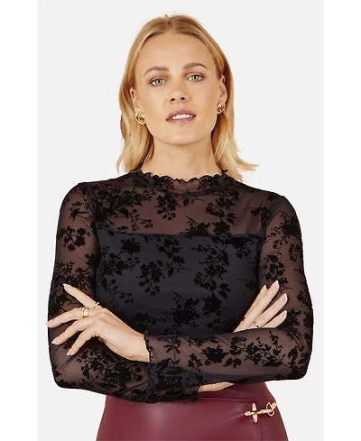 Yumi Women's Flocked Floral Stretch Mesh Top