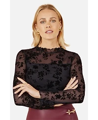 Yumi Women's Flocked Floral Stretch Mesh Top