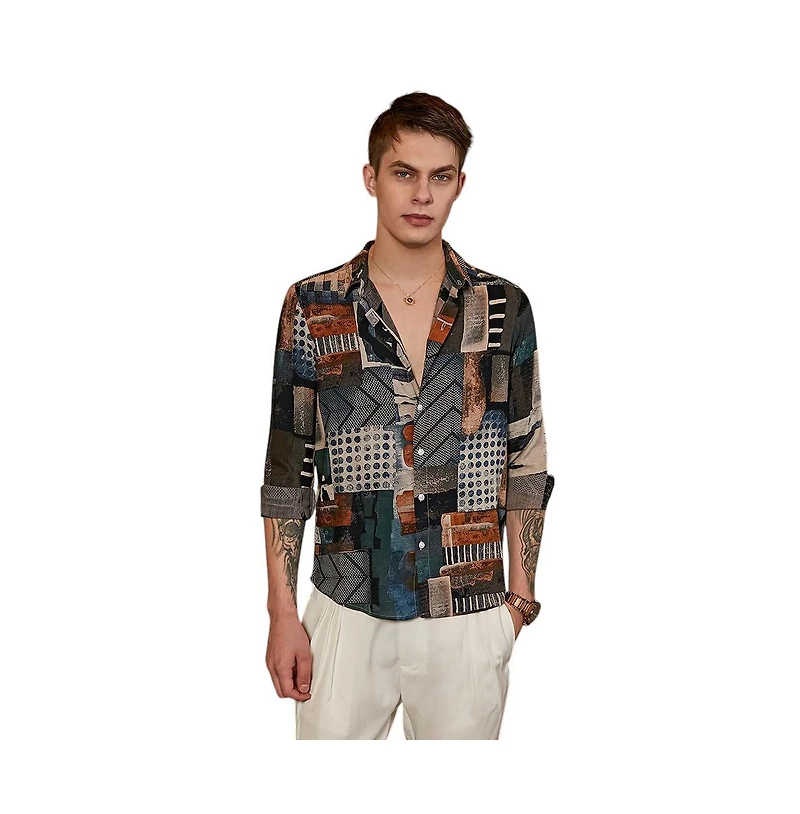 Campus Sutra Men's Indigo Blue & Coffee Brown Earthy-Abstract Shirt