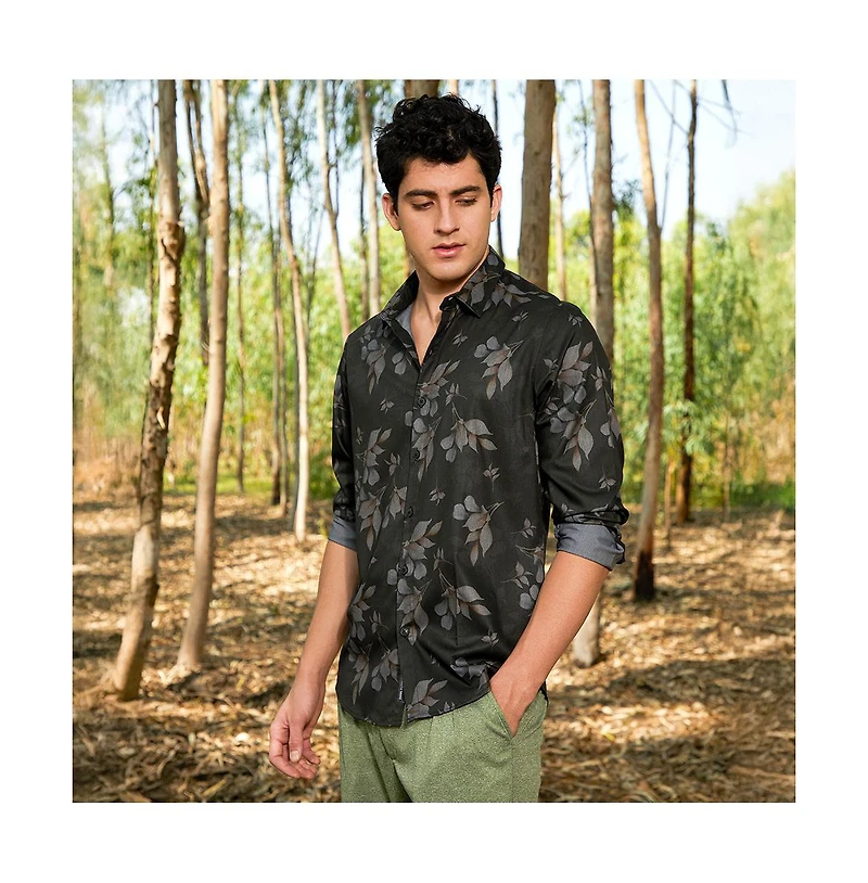 Campus Sutra Men's Charcoal Grey Stamped-Foliage Shirt