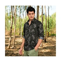 Campus Sutra Men's Charcoal Grey Stamped-Foliage Shirt