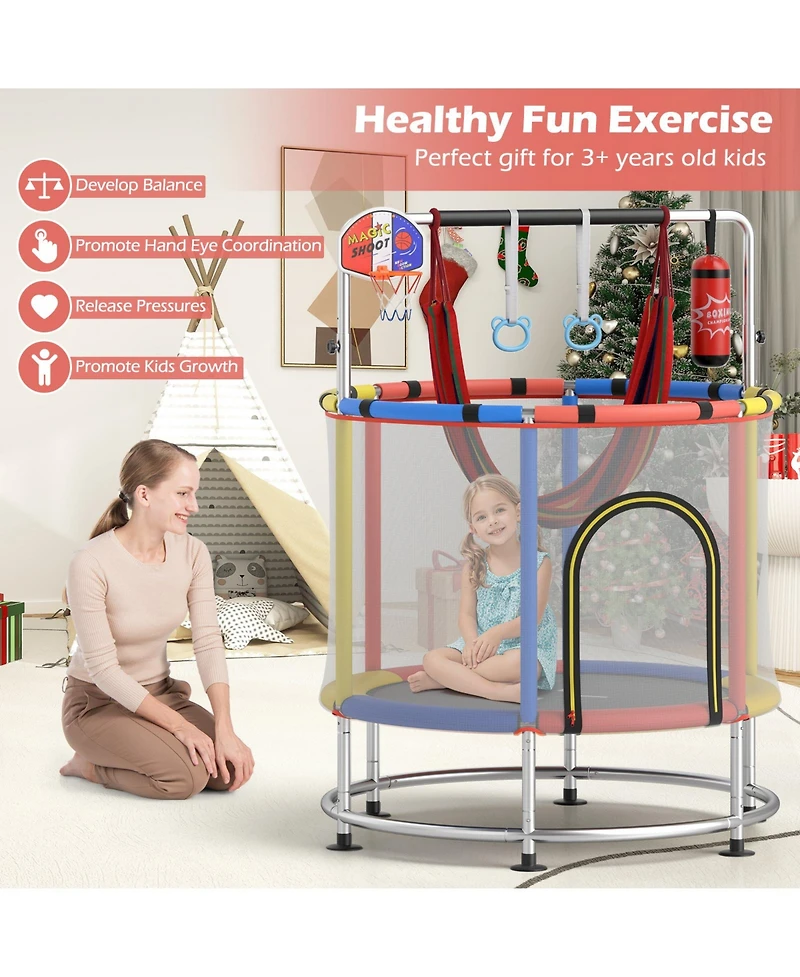 Hongge 6 In 1 Kids Trampoline With Basketball Hoop Gymnastics Bar And Safety Net