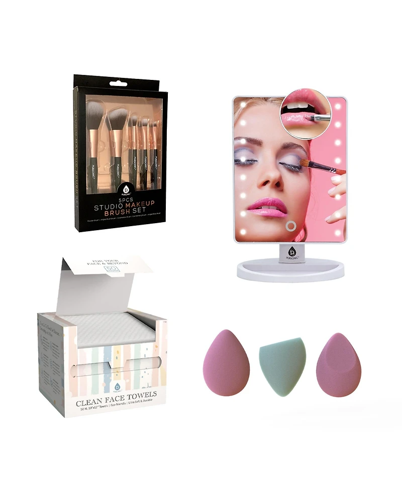 Pursonic Complete Beauty Set: Makeup Brushes, Facial Towels, Led Mirror & Blender Sponges