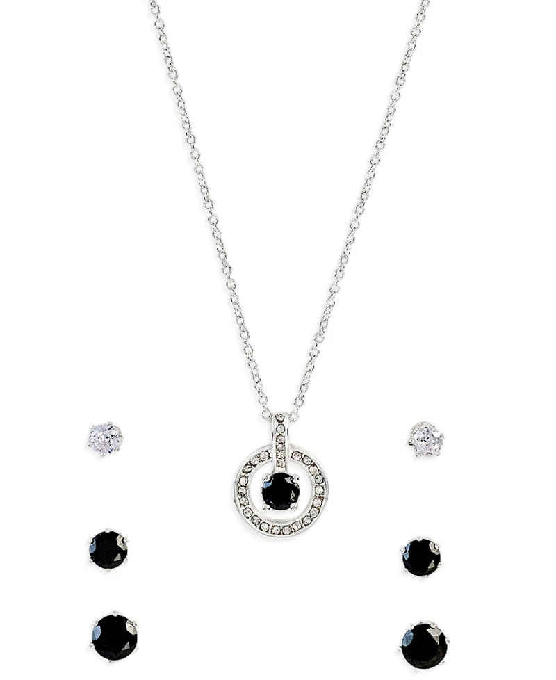 Giani Bernini Silver-Tone Cubic Zirconia Round Pendant Necklace and 3 of Pair Stud Earrings Set