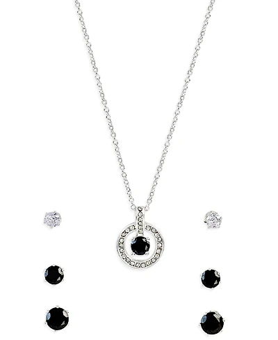 Giani Bernini Silver-Tone Cubic Zirconia Round Pendant Necklace and 3 of Pair Stud Earrings Set
