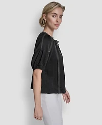 Dkny Women's Puff-Sleeve Top Stitch Tie Front Blouse