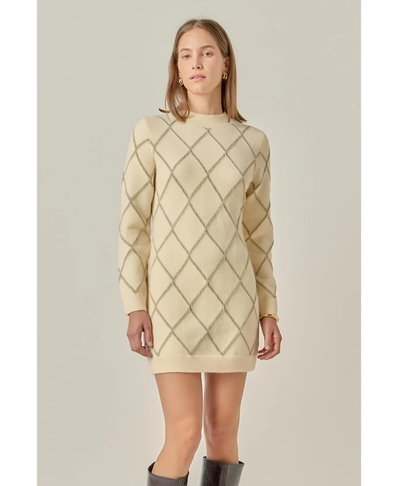 English Factory Women's Knit Dress Featuring a Lurex Argyle Pattern