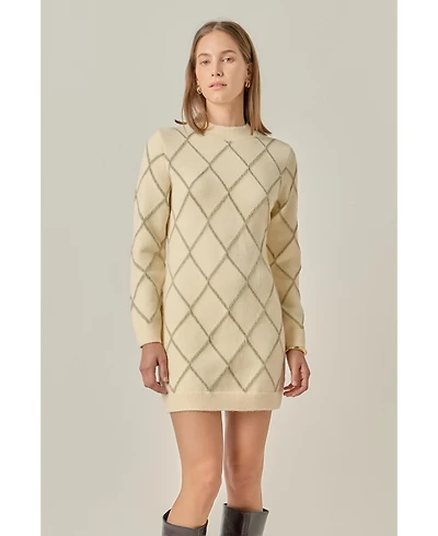 English Factory Women's Knit Dress Featuring a Lurex Argyle Pattern