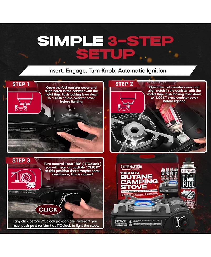 Portable Butane Camping Stove, Piezo Ignition 7,650 Btu Output, Wind-Guard Portable Stove Burner with Portable Carrying Case for Emergencies, Trips