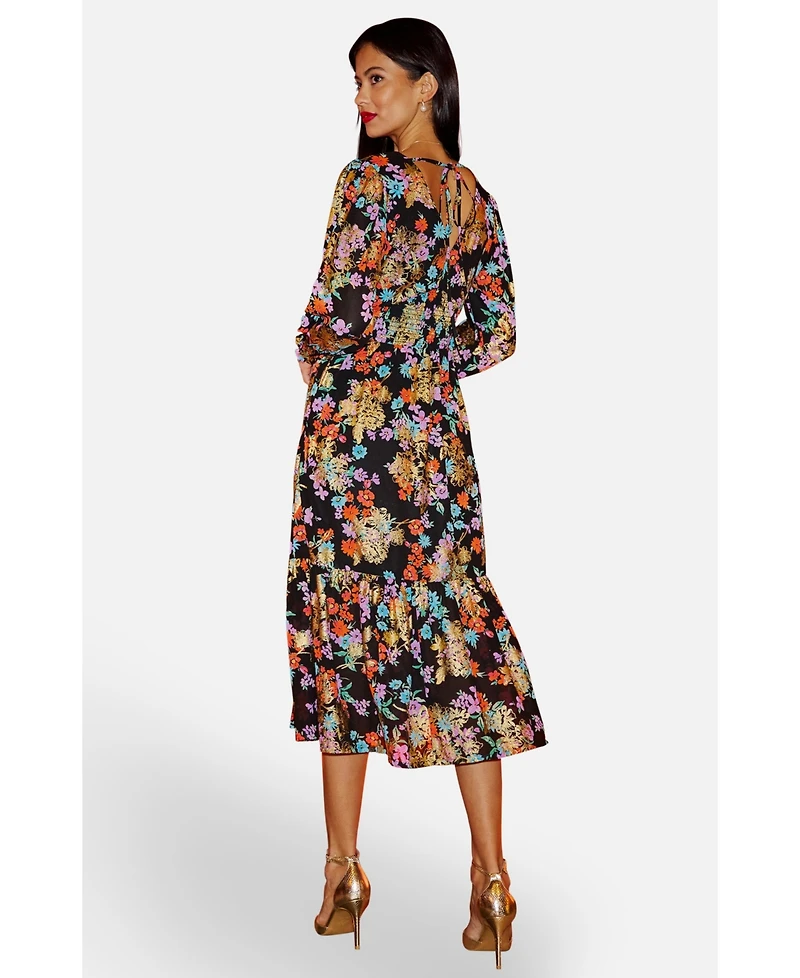 Yumi Women's Floral And Foil Ruched Midi Dress