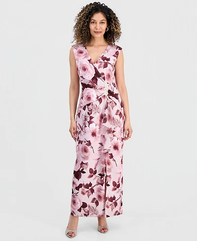 Connected Petite Floral Print Sleeveless Gown