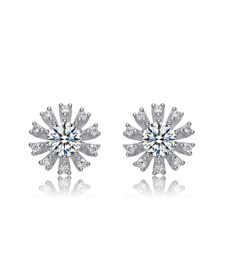 Sterling Silver White Gold Plated Round and Baguette Cubic Zirconia Flower Stud Earrings