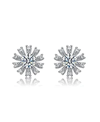 Sterling Silver White Gold Plated Round and Baguette Cubic Zirconia Flower Stud Earrings