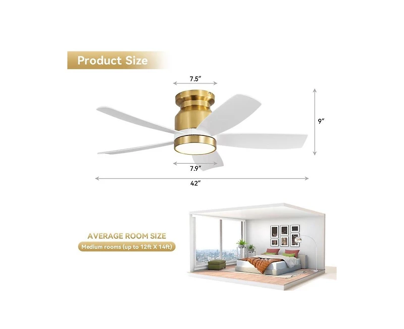 Sofucor 42-inch Modern Golden 5-Blade Ceiling Fan With 6-Speed Adjustable Wind Speed and Light Kit