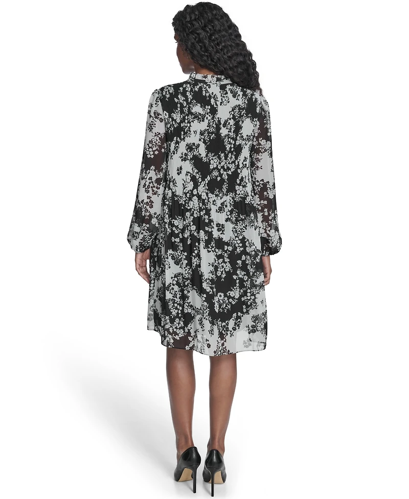 Jessica Howard Petite Printed Tie Split Neck Pleated Bodice Dress