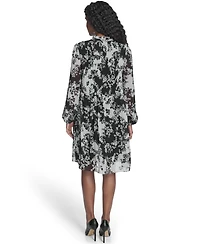 Jessica Howard Petite Printed Tie Split Neck Pleated Bodice Dress