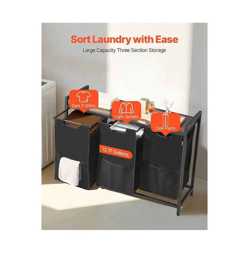 Slickblue Laundry Sorter Cart with 3 Bags, Metal Frame, and Wood Top