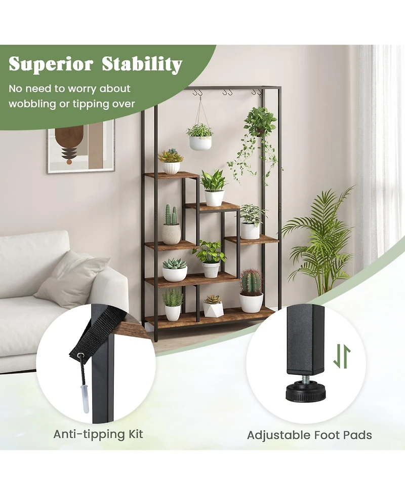 Sugift 6-Tier Tall Plant Stand 71 Inch Metal Indoor Plant Shelf with 10 Hanging Hooks