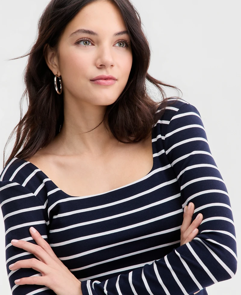 Guess Women's Chrystle Square-Neck Striped Long-Sleeve Top