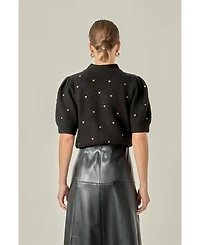 English Factory Women's Heart Women's-Embroidered Puff Sleeve Knit