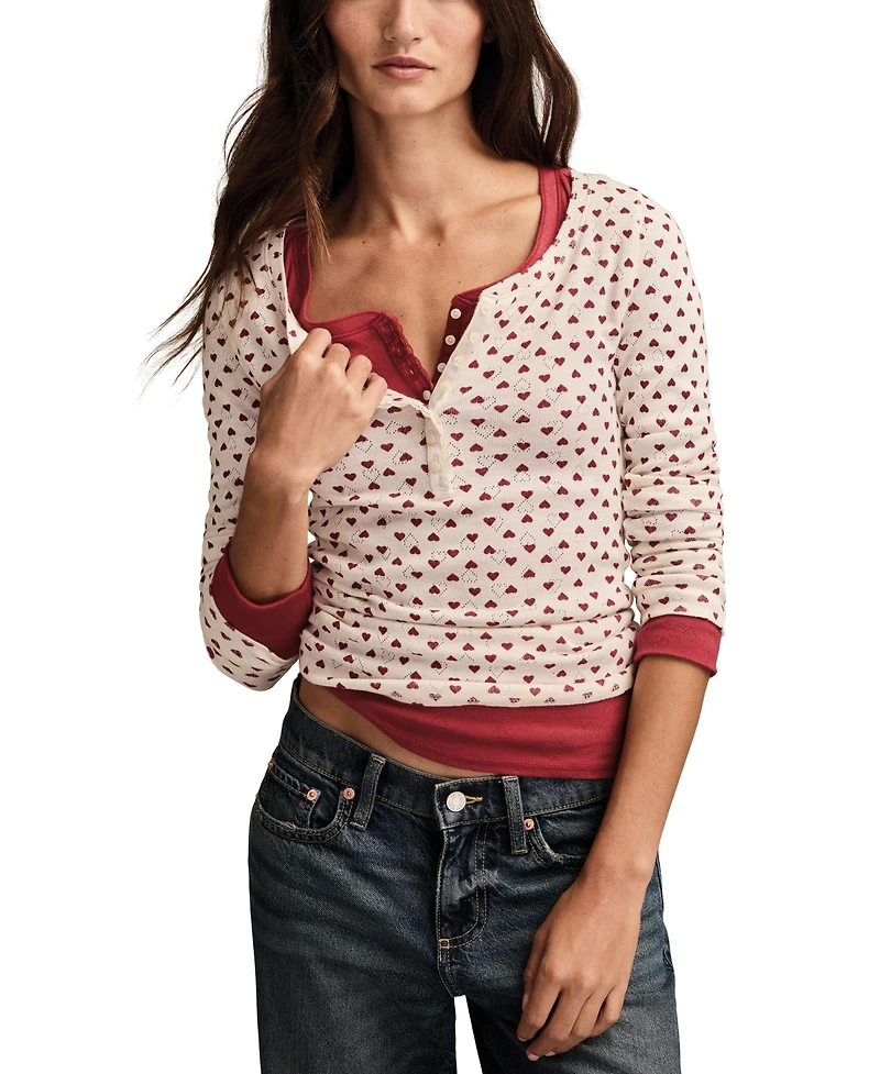 Lucky Brand Women's Valentine Pointelle Trim Rib Henley Top