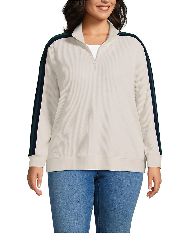 Lands' End Plus Long Sleeve Waffle Colorblock Quarter Zip Pullover