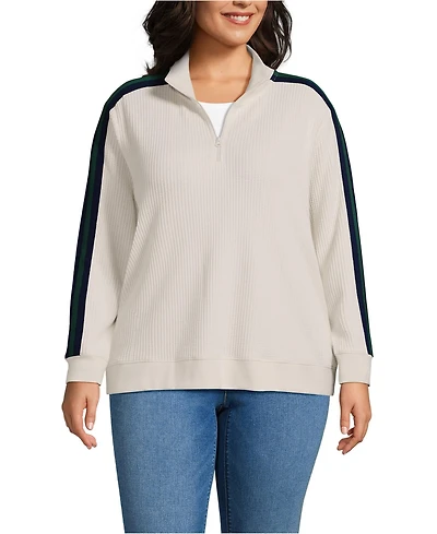 Lands' End Plus Long Sleeve Waffle Colorblock Quarter Zip Pullover