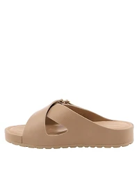 Patrizia Women s Rutha Criss-Cross Strap Slide Sandals with Gold Buckle and Padded Insole