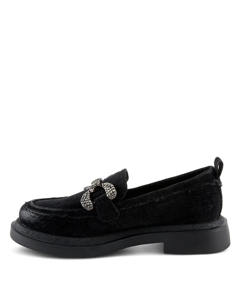 Patrizia Marlen Women's Velvet Textile Upper Slip-On Loafer On Chunky Lug Sole Bottom With Crystal Buckle