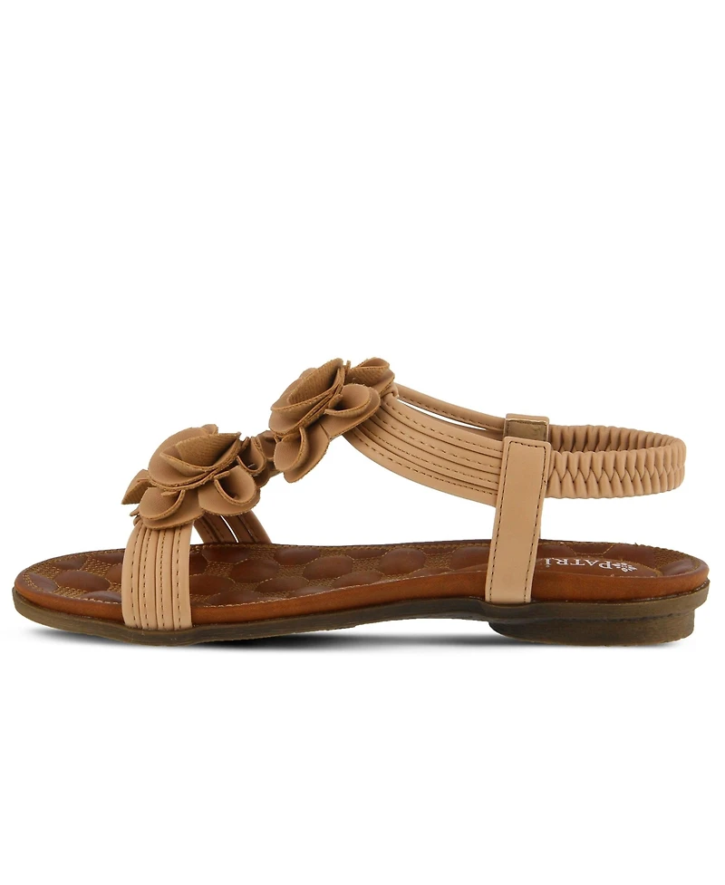 Patrizia Women's Nectarine Floral T-Strap Sandal with Elastic Back and Quilted Footbed
