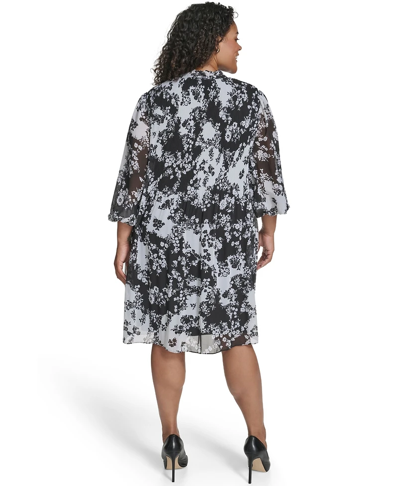 Jessica Howard Plus Tie Split Neck Pleated Bodice Dress