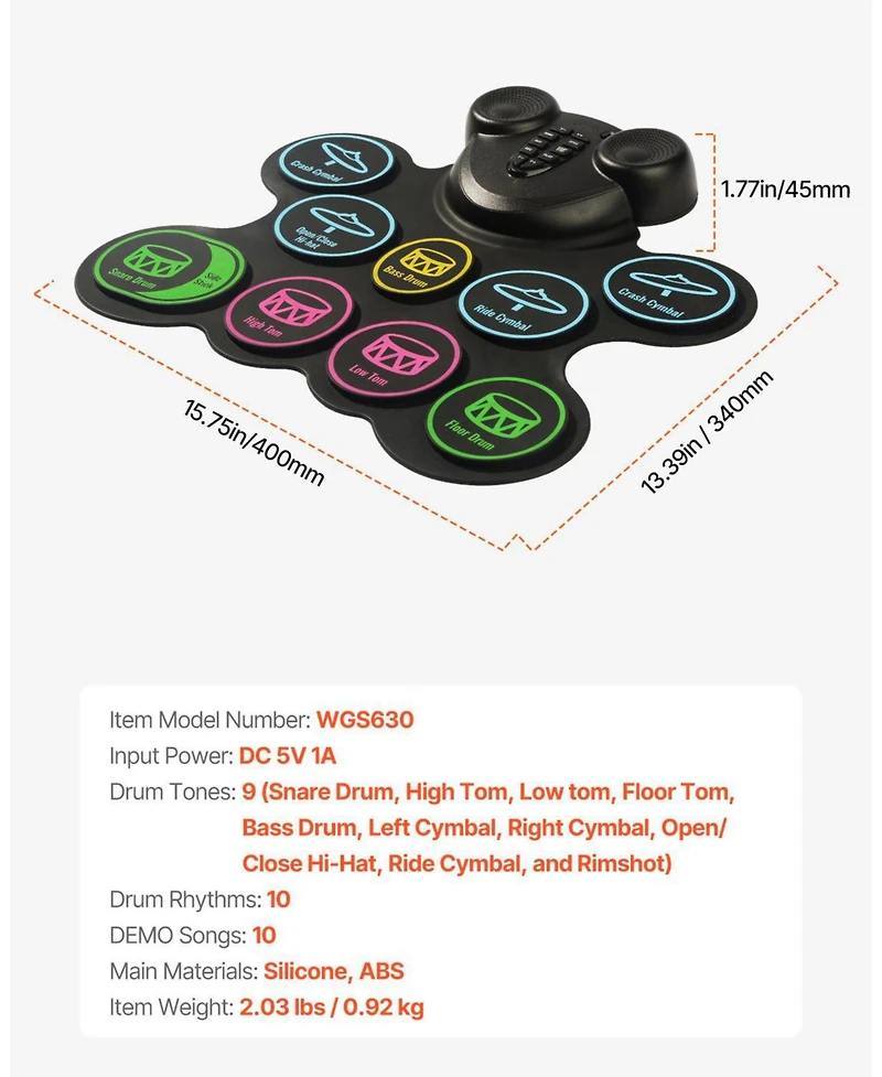 Mecale 9-Pad Roll-Up Electric Drum Set with Pedals, Speakers and Midi Support