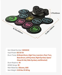 Mecale 9-Pad Roll-Up Electric Drum Set with Pedals, Speakers and Midi Support