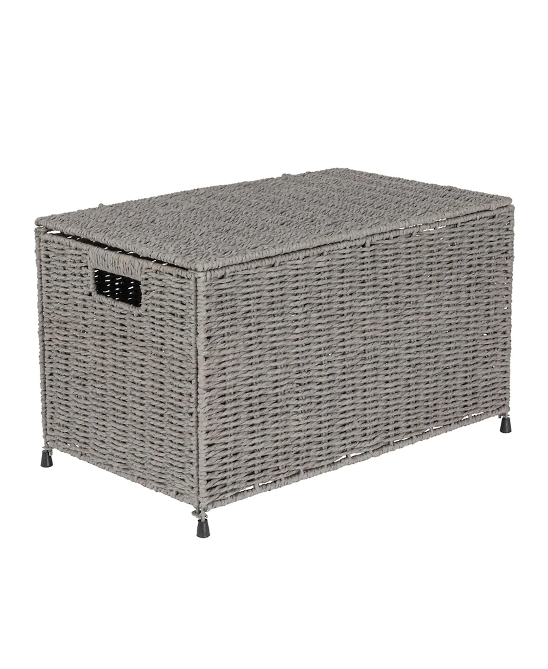 Household Essentials Small Woven Paper Rope Storage Chest with Hinged Lid and Integrated Handles, Grey