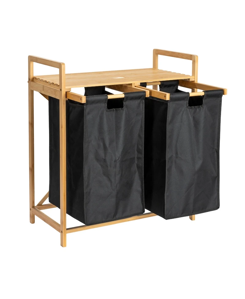Household Essentials Pull Out Double Hamper with Shelf, Natural and Black