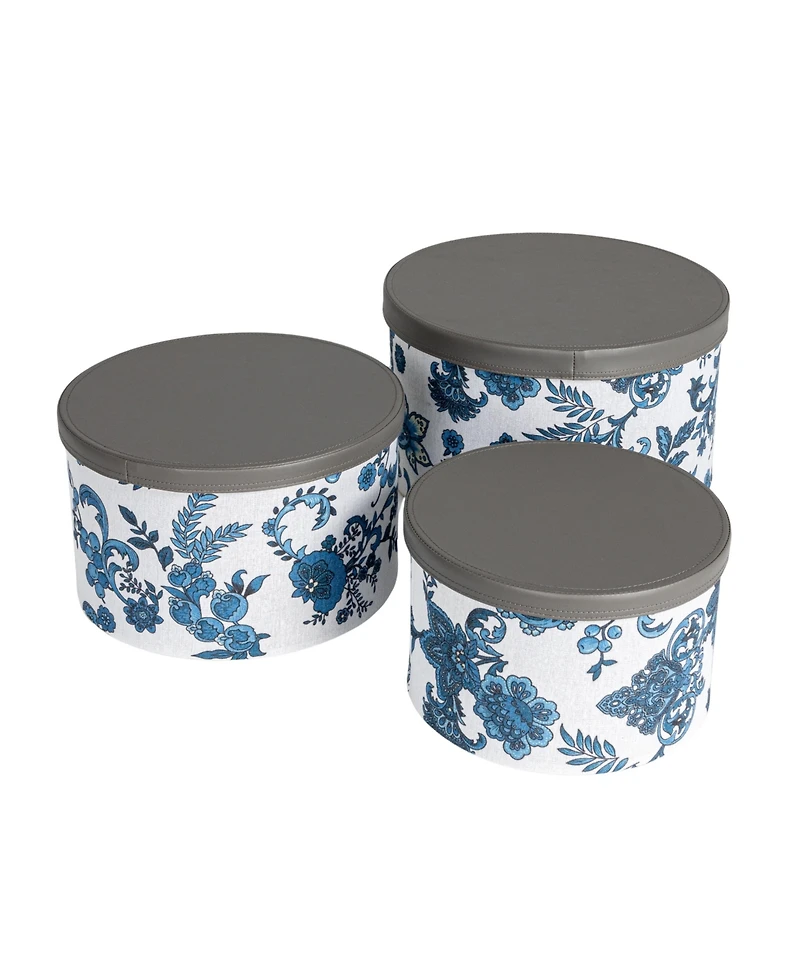 Household Essentials Floral Nestable Hat Boxes with Lids, Cream and Blue, Set of 3
