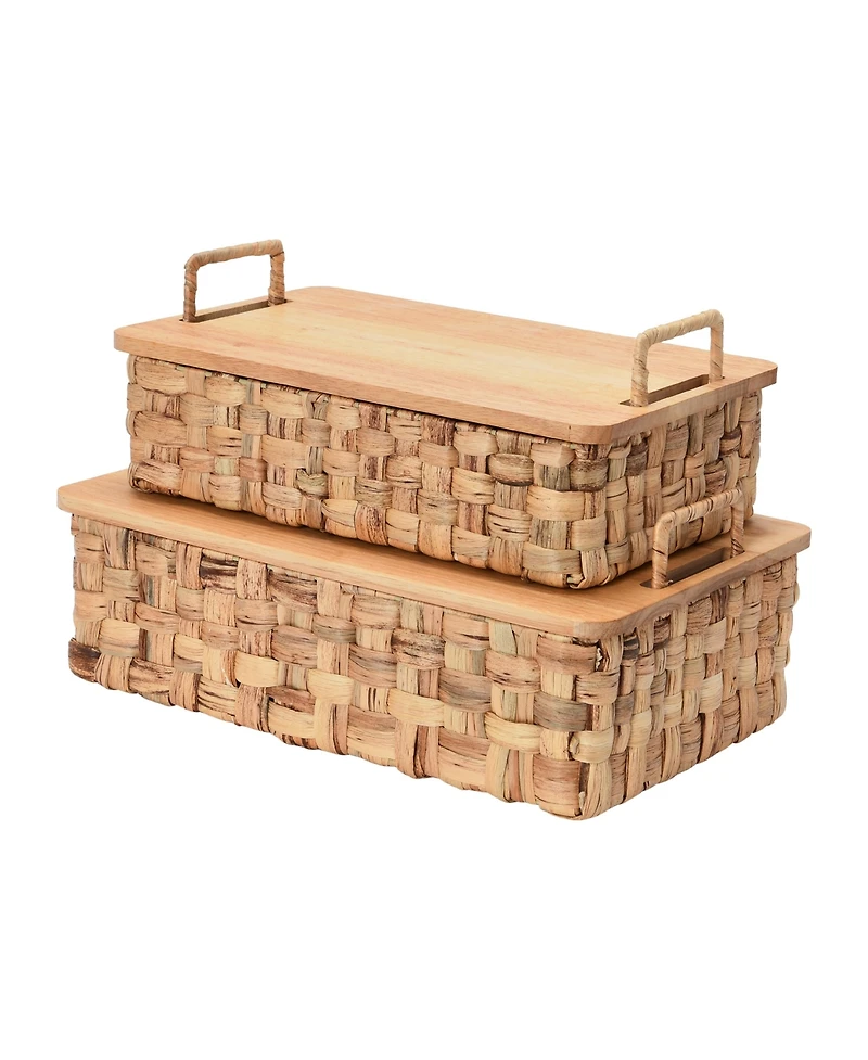 Household Essentials Stackable Hyacinth Baskets with Oak Lids, Natural Set of 2