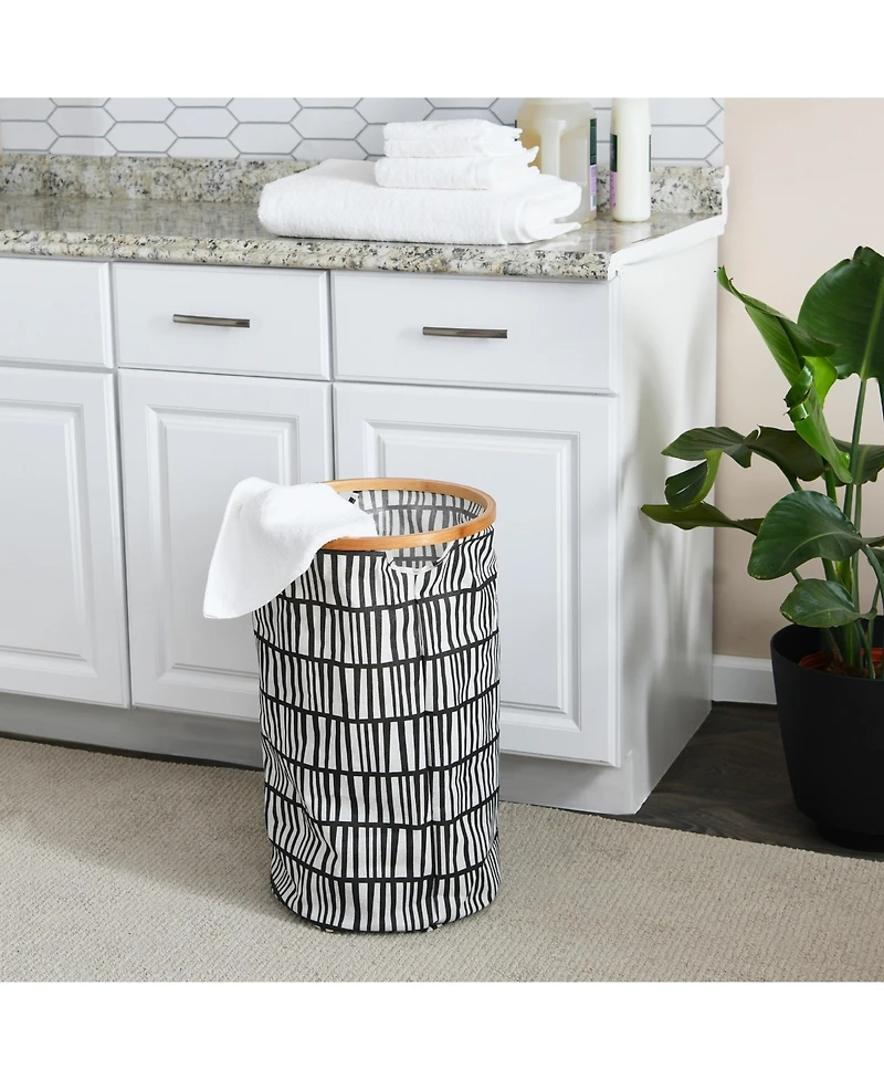 Household Essentials Rimmed Round Krush Container Hamper with Cutout Handles, Black and White