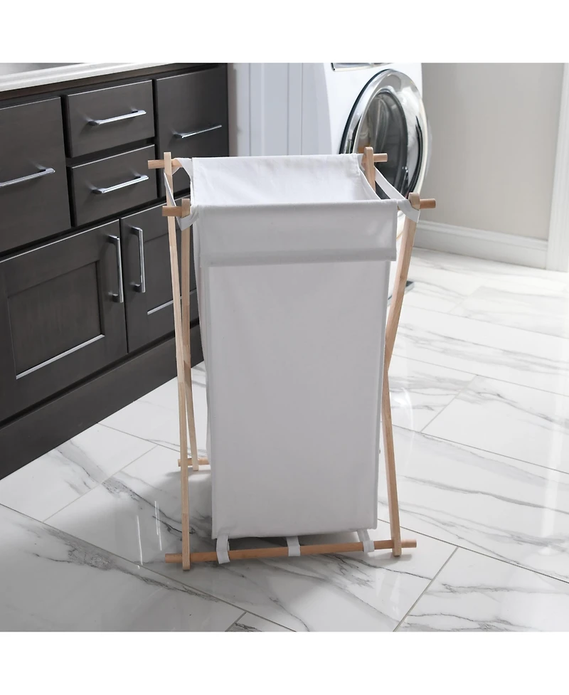 Household Essentials X-Frame Wood Laundry Hamper, Folding Wood Frame with Washable Poly-Cotton Bag