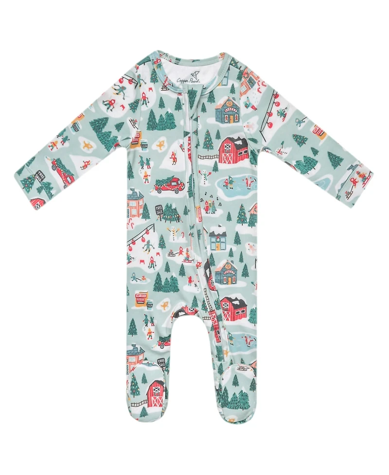 Copper Pearl Baby Boys' and Girls' Snowy Slopes Printed Zip-Up Footed Pajamas