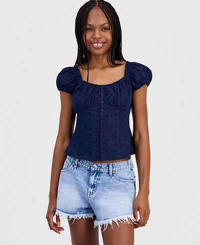 Just Polly Juniors' Eyelet Short-Sleeve Button-Front Top