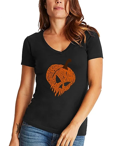 La Pop Art Women's Evil Pumpkin Word V-Neck T-Shirt