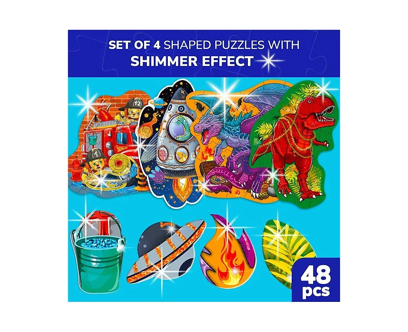 Quokka Shimmer Puzzles for Kids – 4-Pack Dragon, Rocket, Firetruck & Dinosaur Children's Game