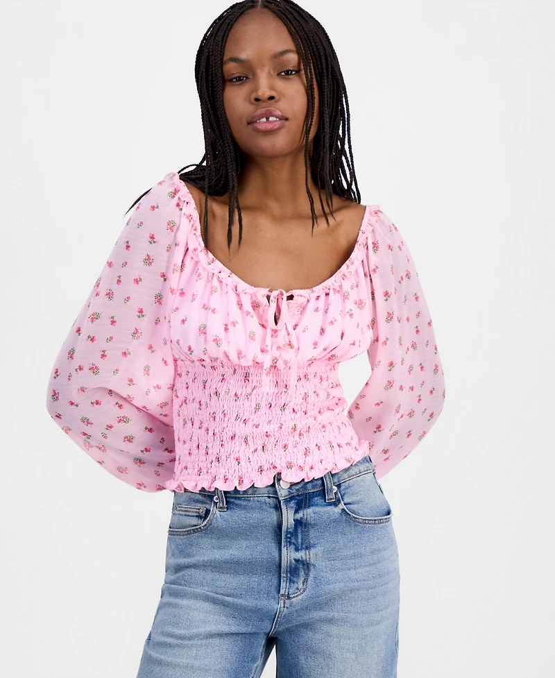 Madden Girl Juniors' Smocked Tie-Neck Top