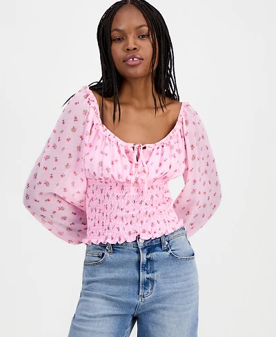 Madden Girl Juniors' Smocked Tie-Neck Top