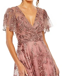 Mac Duggal Women's Embroidered Flutter Sleeve A Line V Neck Dress